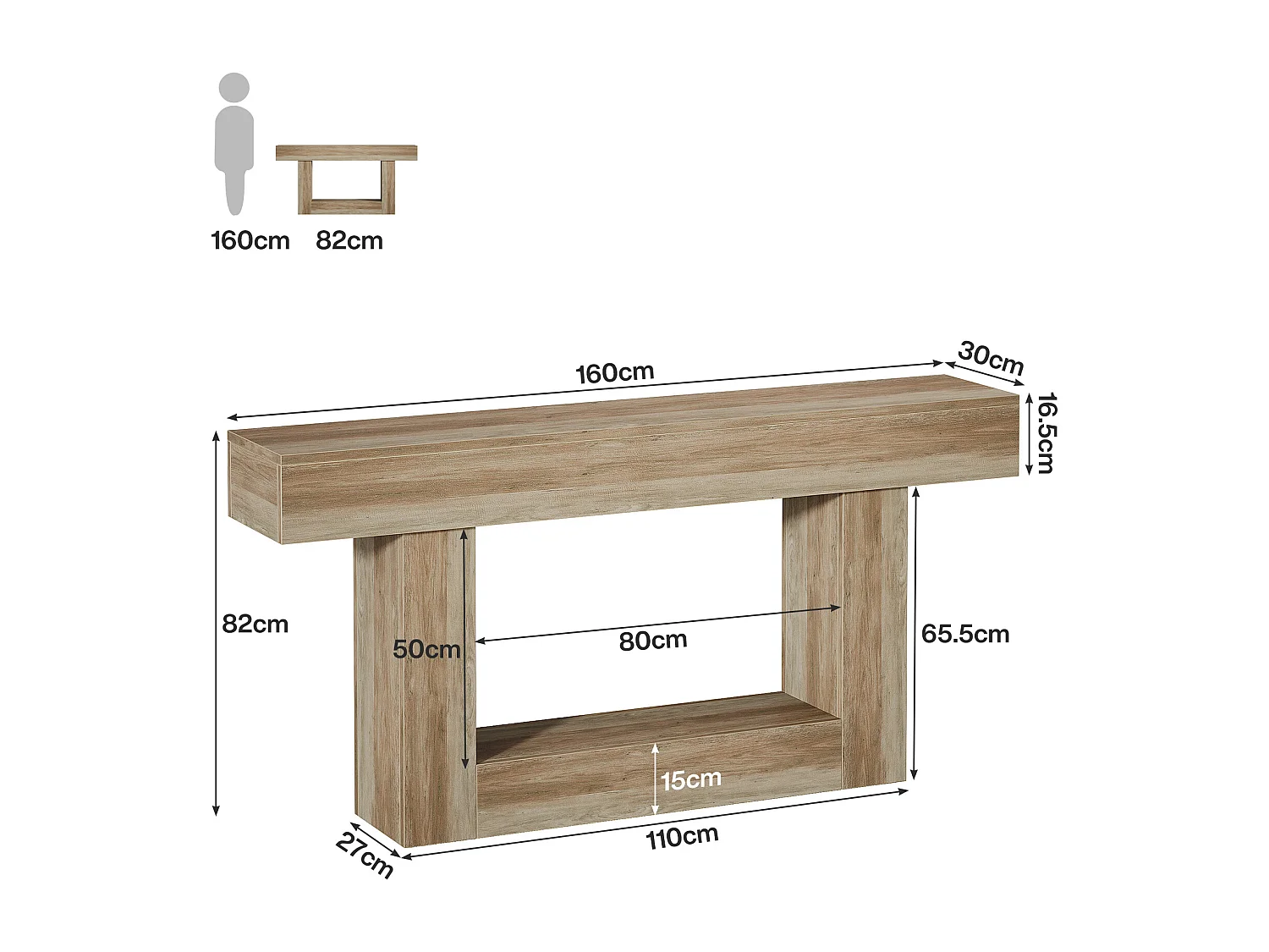 Stolik konsolowy 160 cm, dwupoziomowy stolik do przedpokoju w stylu rustykalnym, stolik za kanapą, szary