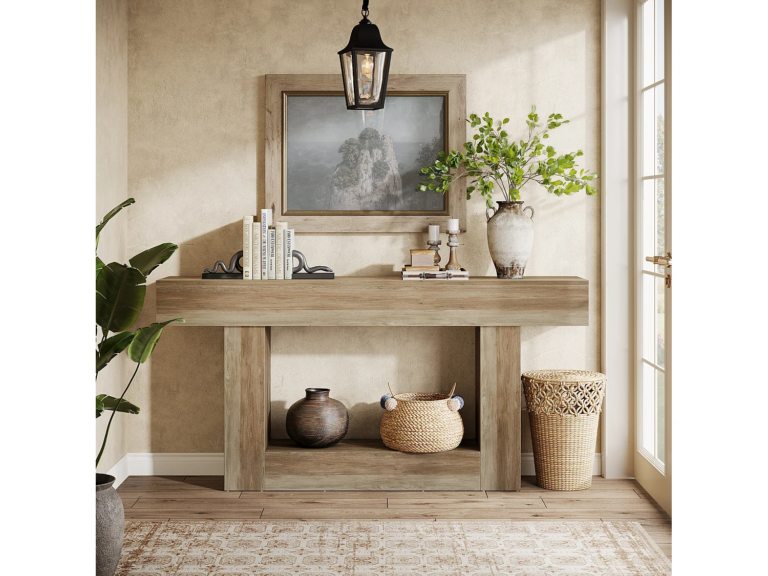Stolik konsolowy 160 cm, dwupoziomowy stolik do przedpokoju w stylu rustykalnym, stolik za kanapą, szary