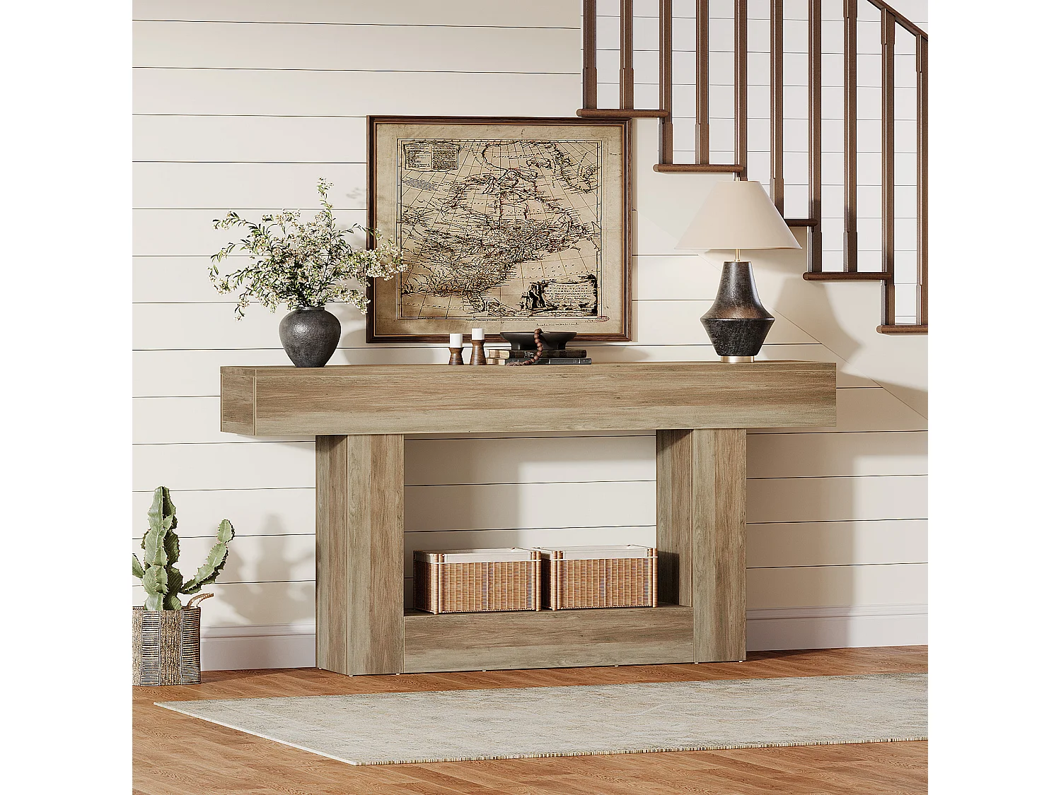 Stolik konsolowy 160 cm, dwupoziomowy stolik do przedpokoju w stylu rustykalnym, stolik za kanapą, szary