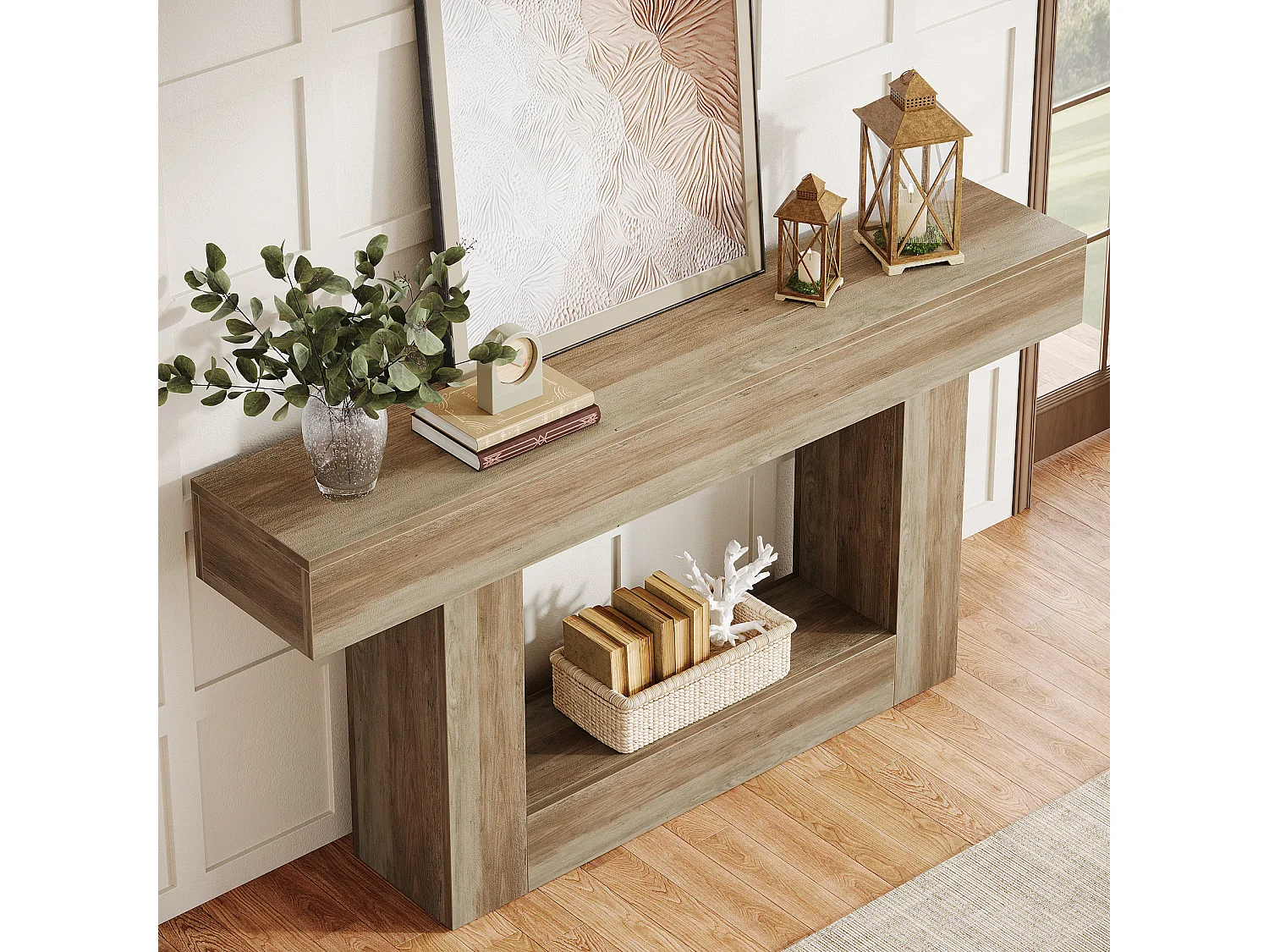 Stolik konsolowy 160 cm, dwupoziomowy stolik do przedpokoju w stylu rustykalnym, stolik za kanapą, szary