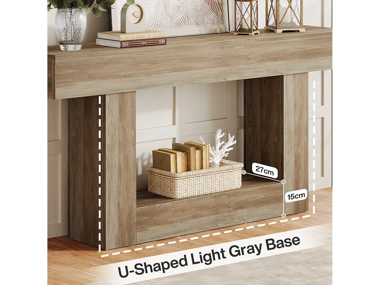 Stolik konsolowy 160 cm, dwupoziomowy stolik do przedpokoju w stylu rustykalnym, stolik za kanapą, szary