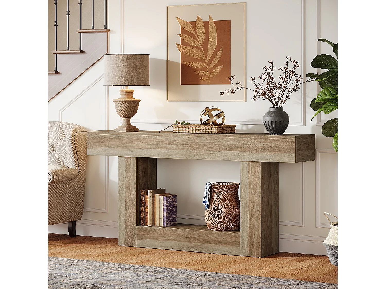 Console 160 cm, style campagnard, table d'entrée à deux niveaux, table d'appoint derrière le canapé, grise