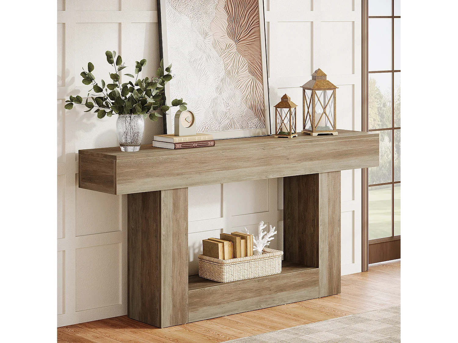 Console 160 cm, style campagnard, table d'entrée à deux niveaux, table d'appoint derrière le canapé, grise