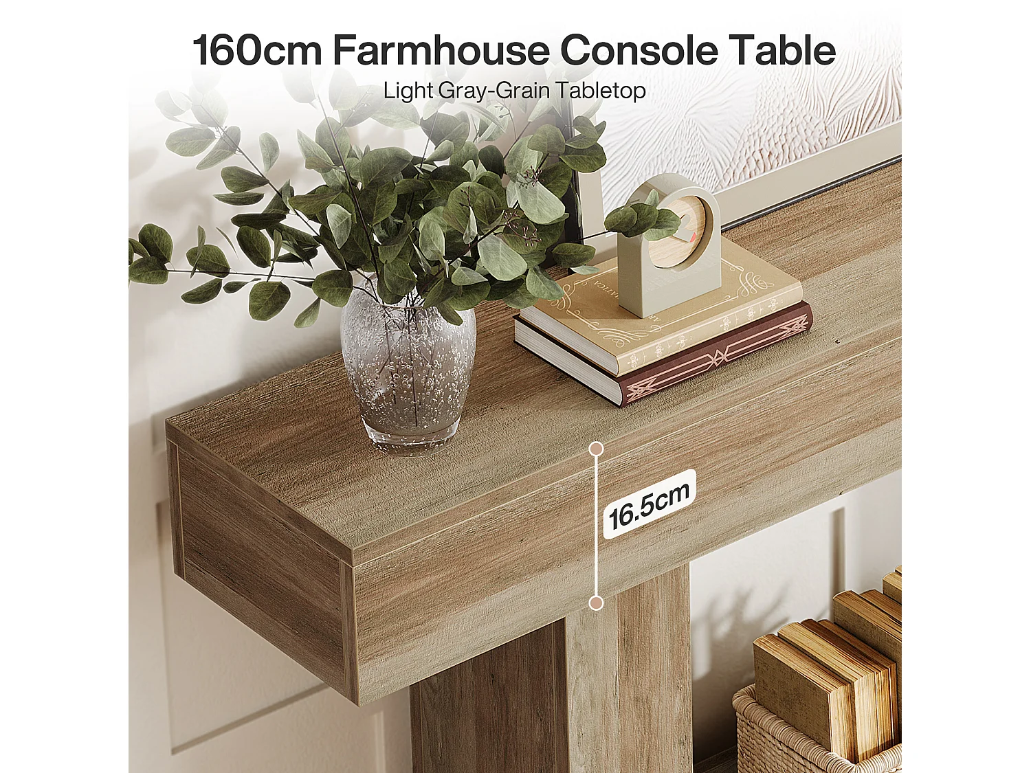 Console 160 cm, style campagnard, table d'entrée à deux niveaux, table d'appoint derrière le canapé, grise