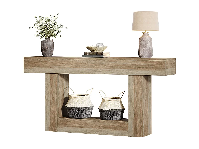 Stolik konsolowy 160 cm, dwupoziomowy stolik do przedpokoju w stylu rustykalnym, stolik za kanapą, szary