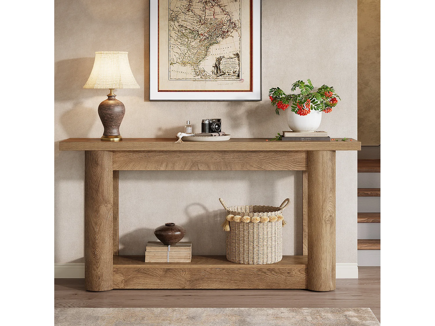 Console étroite 160 cm, table d'entrée longue à 2 niveaux avec rangement, meuble de hall d'entrée avec canapé