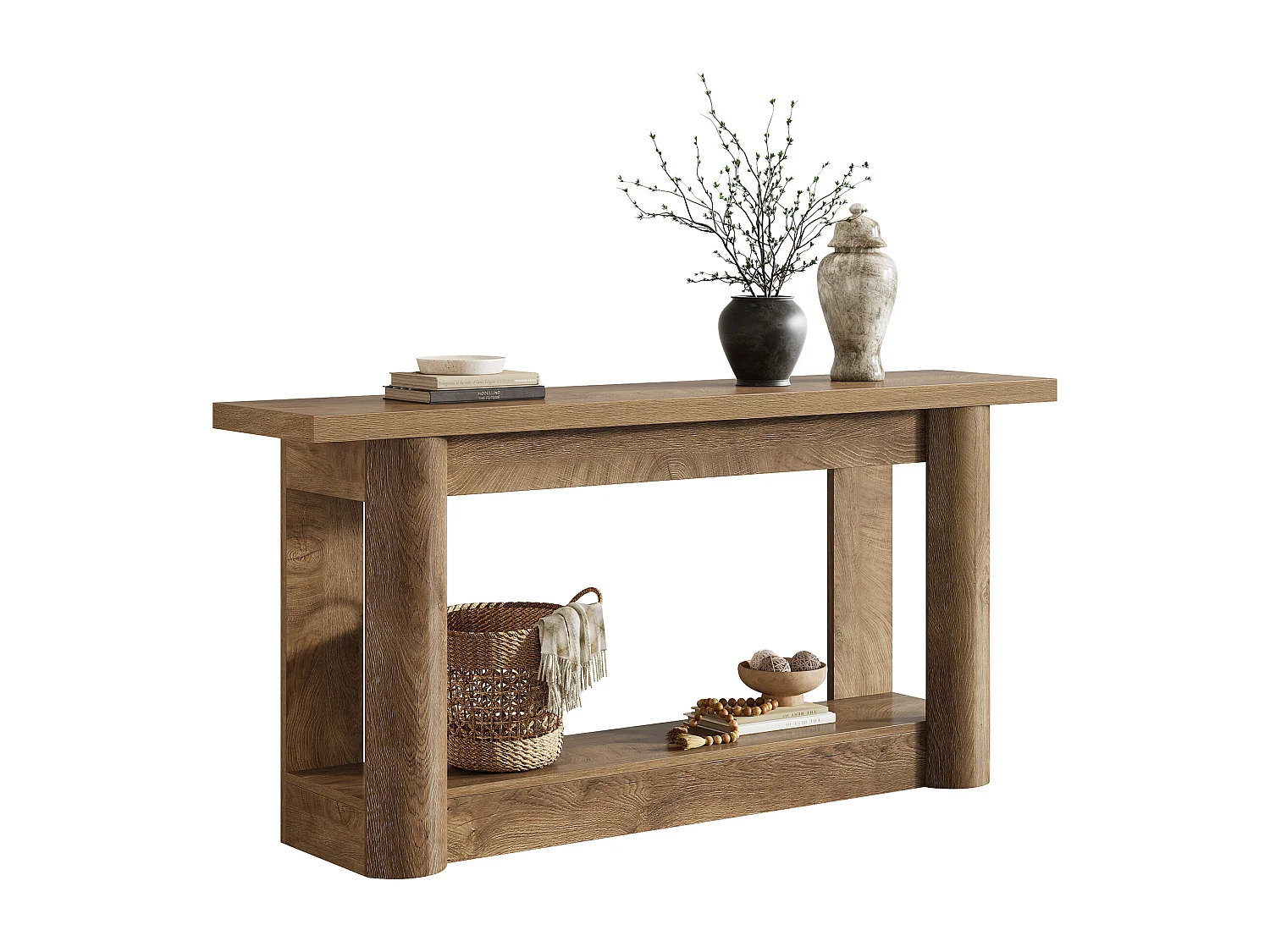 Console étroite 160 cm, table d'entrée longue à 2 niveaux avec rangement, meuble de hall d'entrée avec canapé