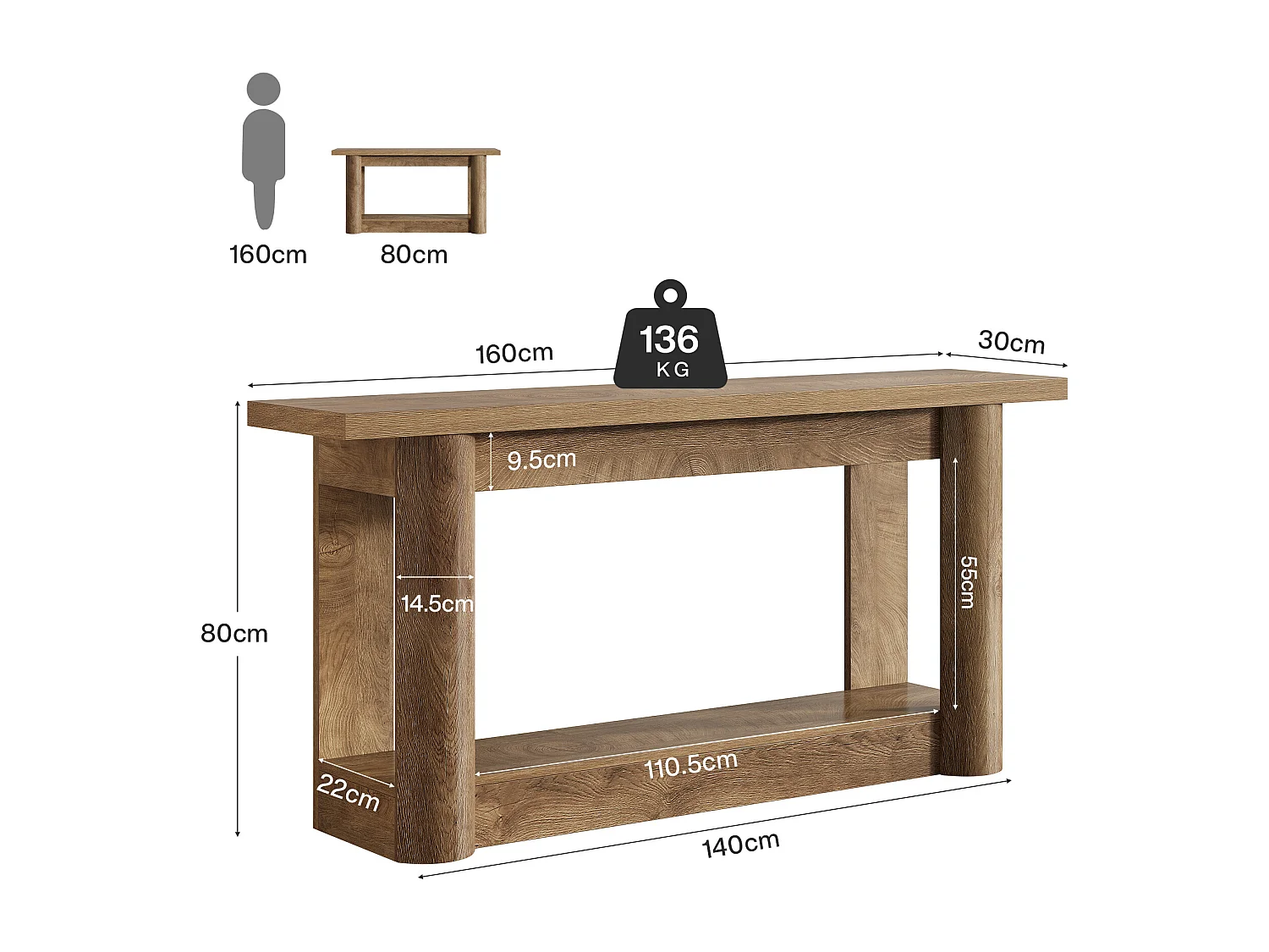 Console étroite 160 cm, table d'entrée longue à 2 niveaux avec rangement, meuble de hall d'entrée avec canapé