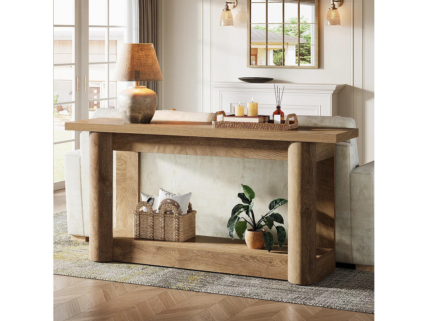 Console étroite 160 cm, table d'entrée longue à 2 niveaux avec rangement, meuble de hall d'entrée avec canapé