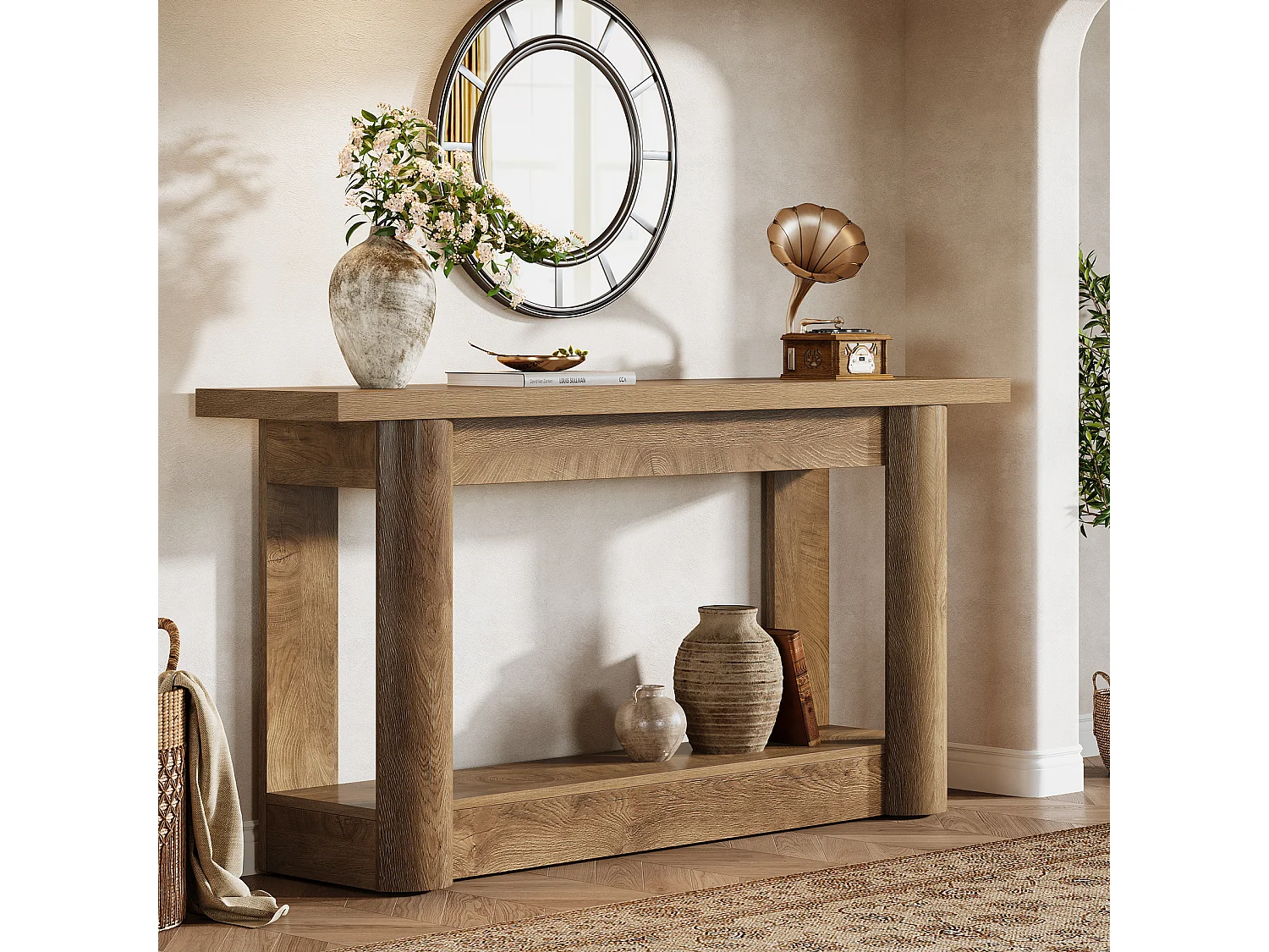 Console étroite 160 cm, table d'entrée longue à 2 niveaux avec rangement, meuble de hall d'entrée avec canapé