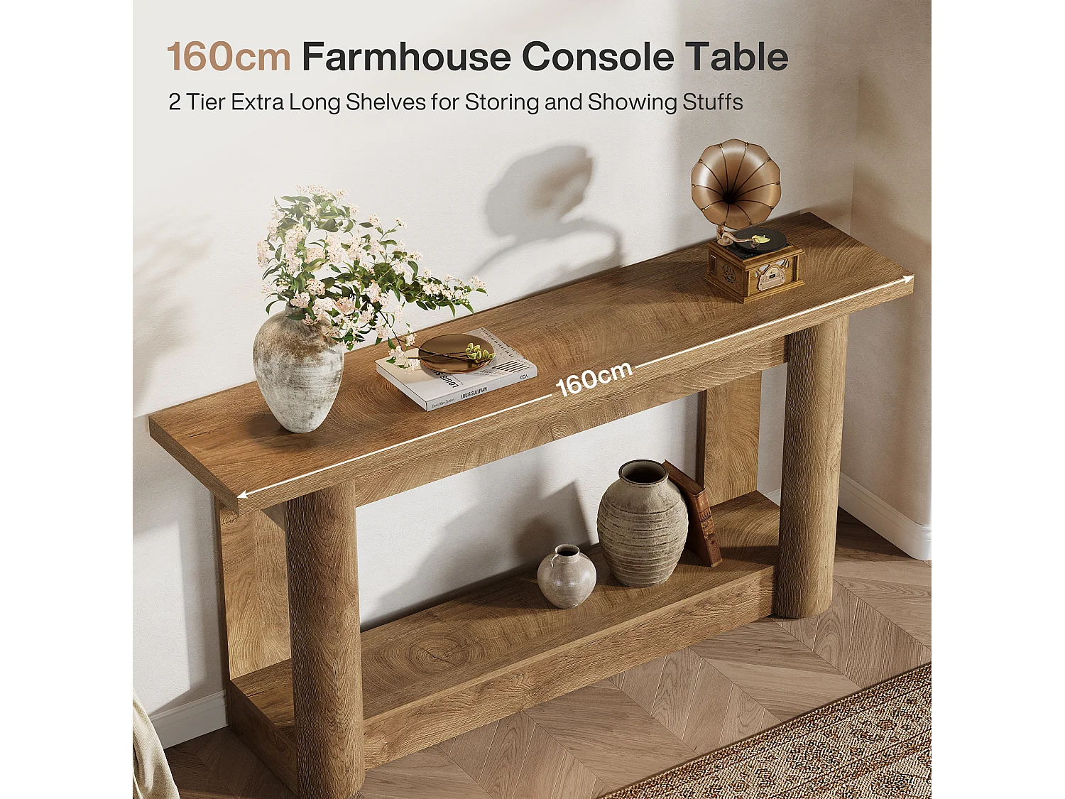 Console étroite 160 cm, table d'entrée longue à 2 niveaux avec rangement, meuble de hall d'entrée avec canapé
