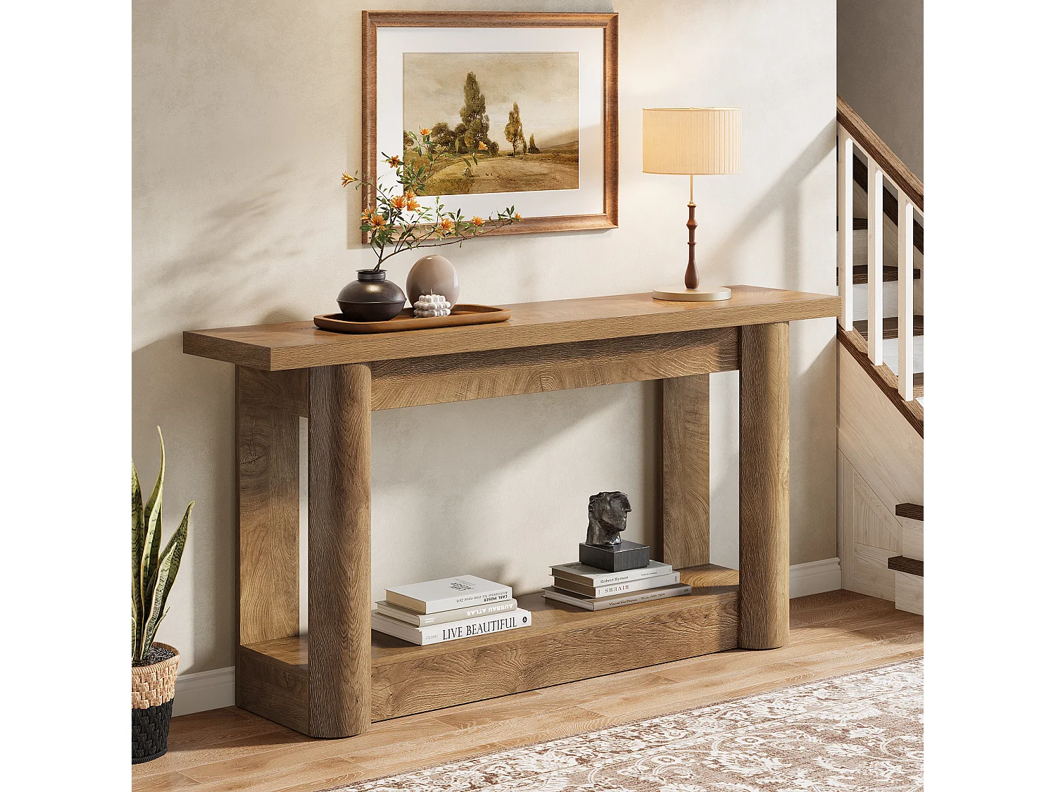 Console étroite 160 cm, table d'entrée longue à 2 niveaux avec rangement, meuble de hall d'entrée avec canapé