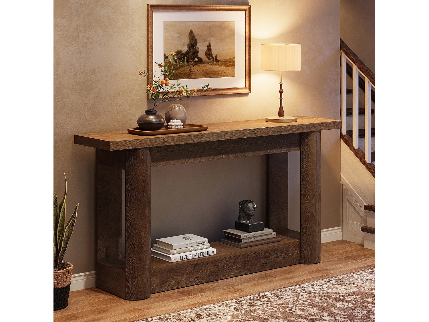 Console étroite 160 cm, table d'entrée longue à 2 niveaux avec rangement, meuble de hall d'entrée avec canapé