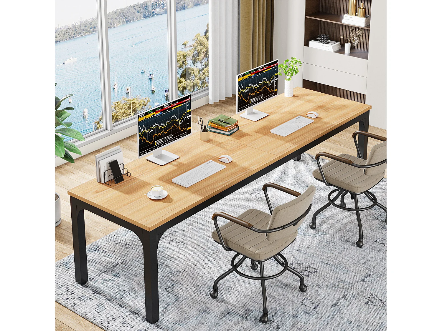 Biurko do domowego biura dla 2 osób, biurko komputerowe o długości 200 cm, podwójne stanowisko pracy do domowego biura