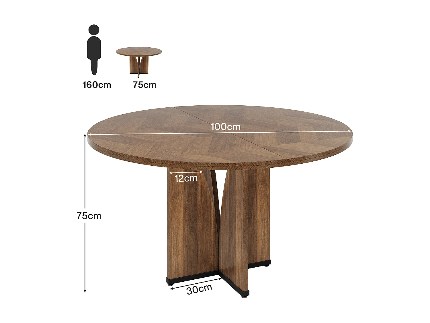 Table de salle à manger ronde pour 4 personnes, table de cuisine rustique avec pied central stable en forme de X
