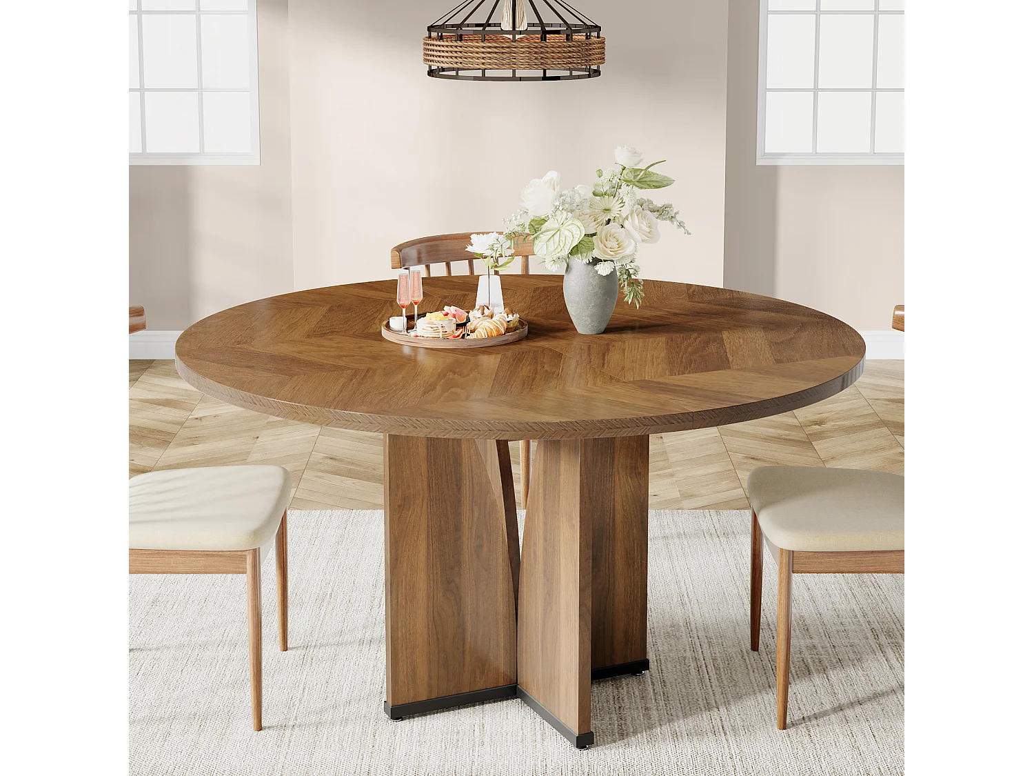 Table de salle à manger ronde pour 4 personnes, table de cuisine rustique avec pied central stable en forme de X