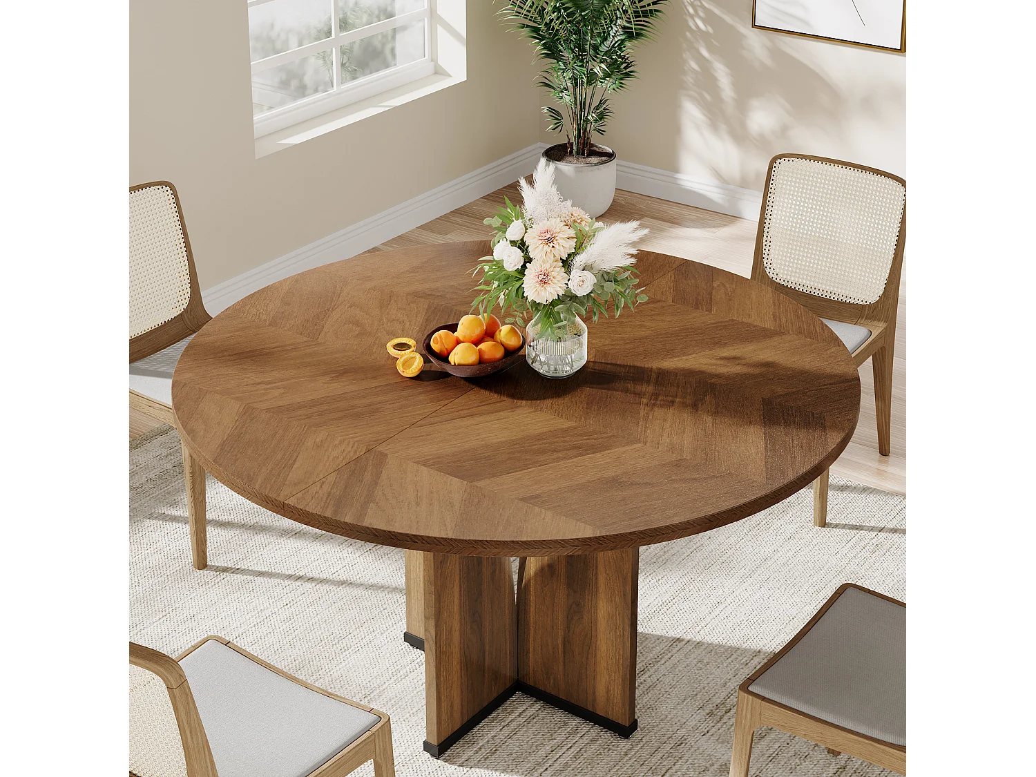 Table de salle à manger ronde pour 4 personnes, table de cuisine rustique avec pied central stable en forme de X