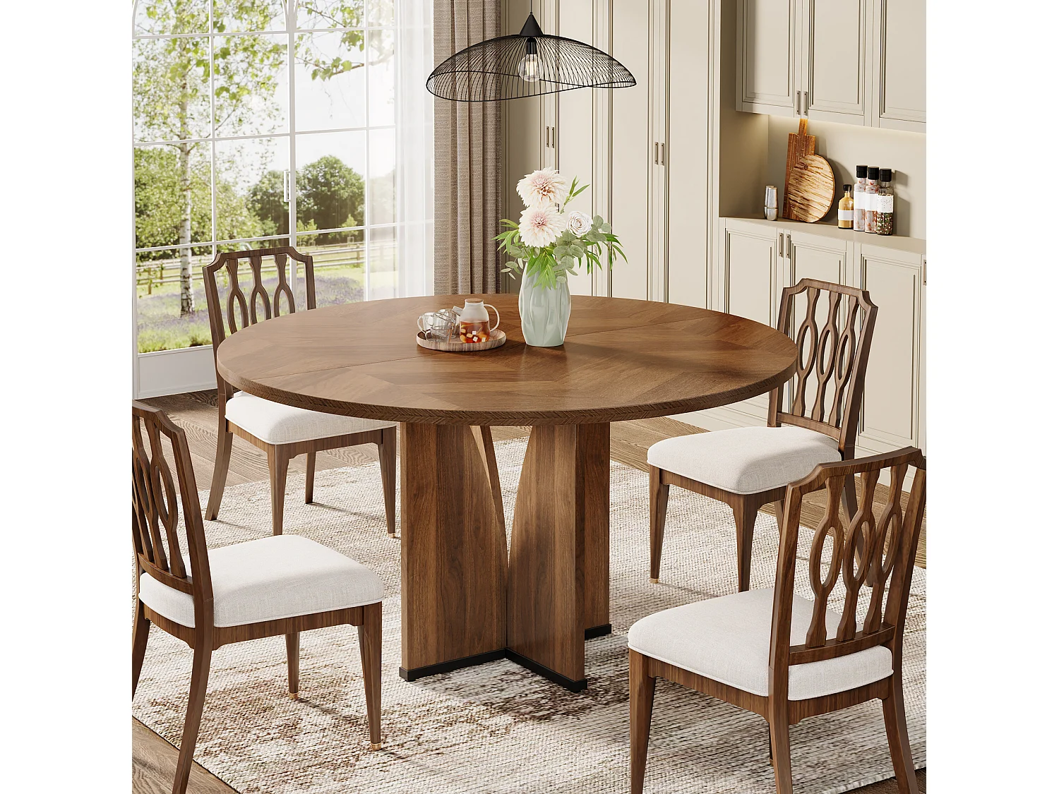 Table de salle à manger ronde pour 4 personnes, table de cuisine rustique avec pied central stable en forme de X