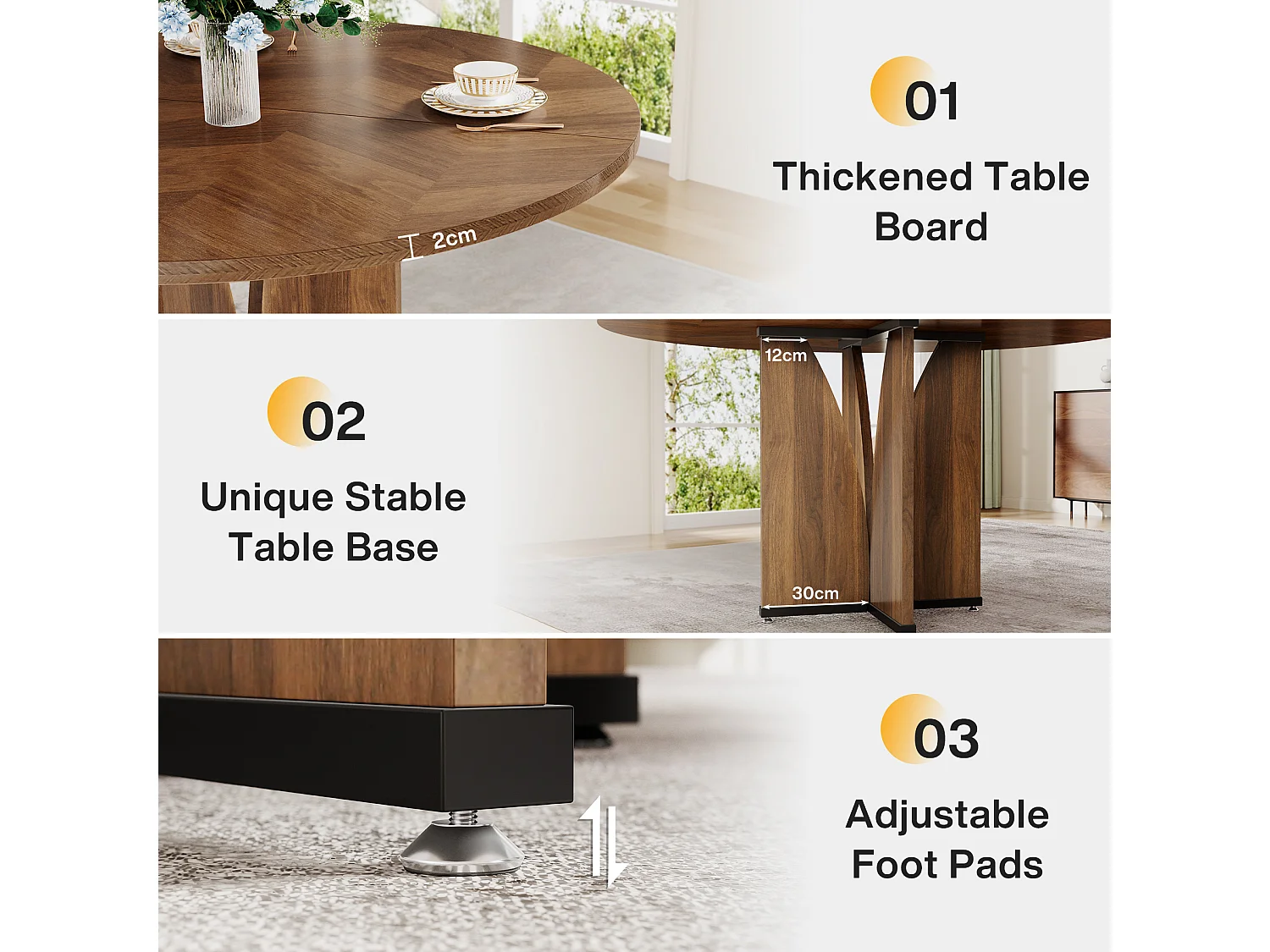 Table de salle à manger ronde pour 4 personnes, table de cuisine rustique avec pied central stable en forme de X