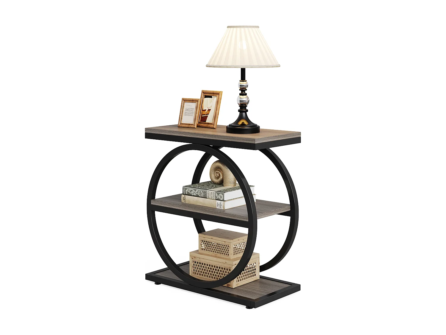 Bijzettafel, smalle bijzettafel met 3 opbergplanken, grijze bijzettafel met zwart metalen frame