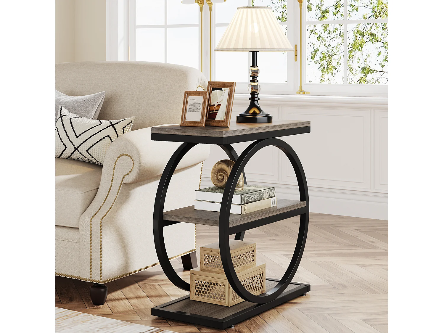 Bijzettafel, smalle bijzettafel met 3 opbergplanken, grijze bijzettafel met zwart metalen frame