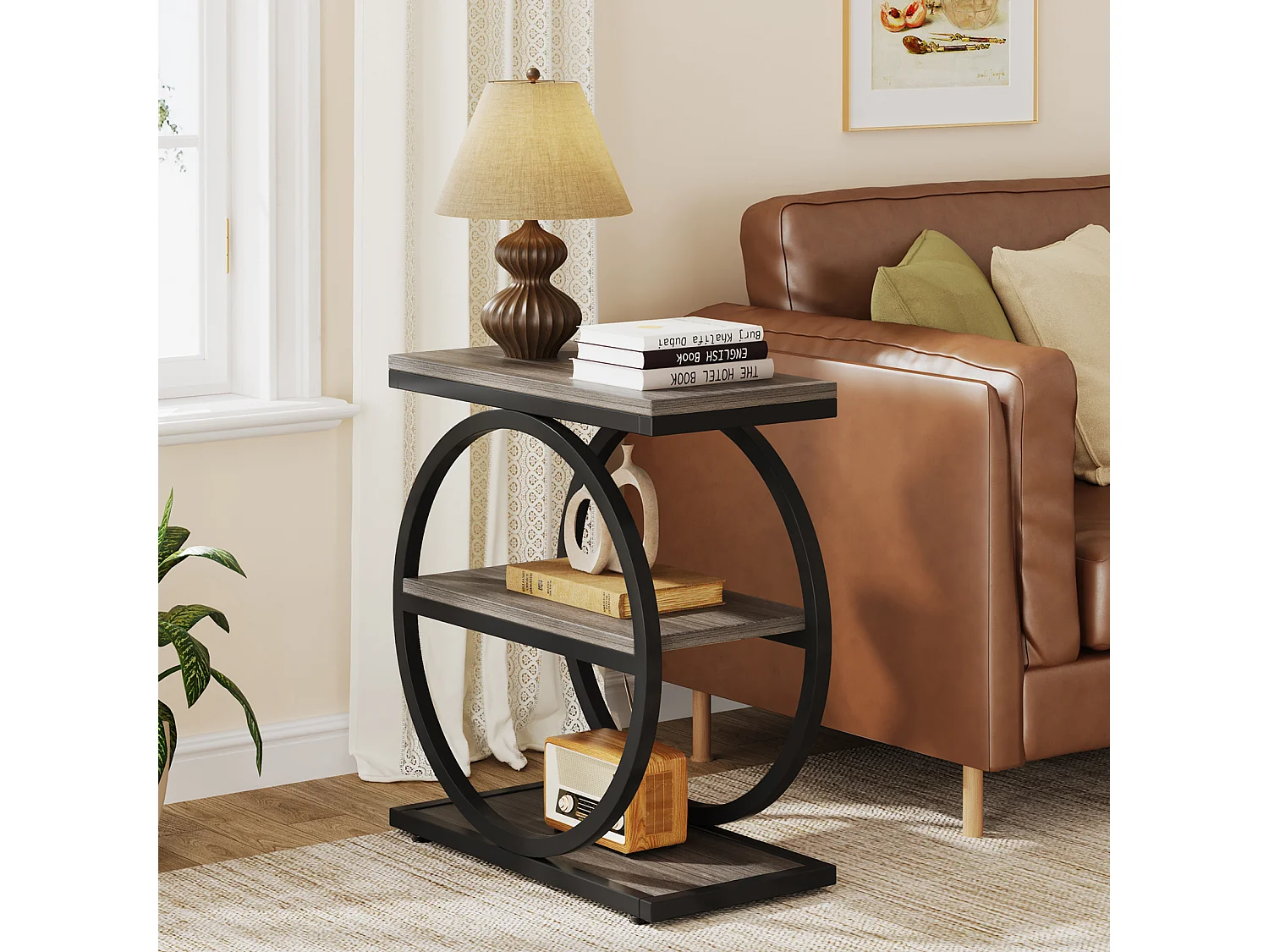 Bijzettafel, smalle bijzettafel met 3 opbergplanken, grijze bijzettafel met zwart metalen frame