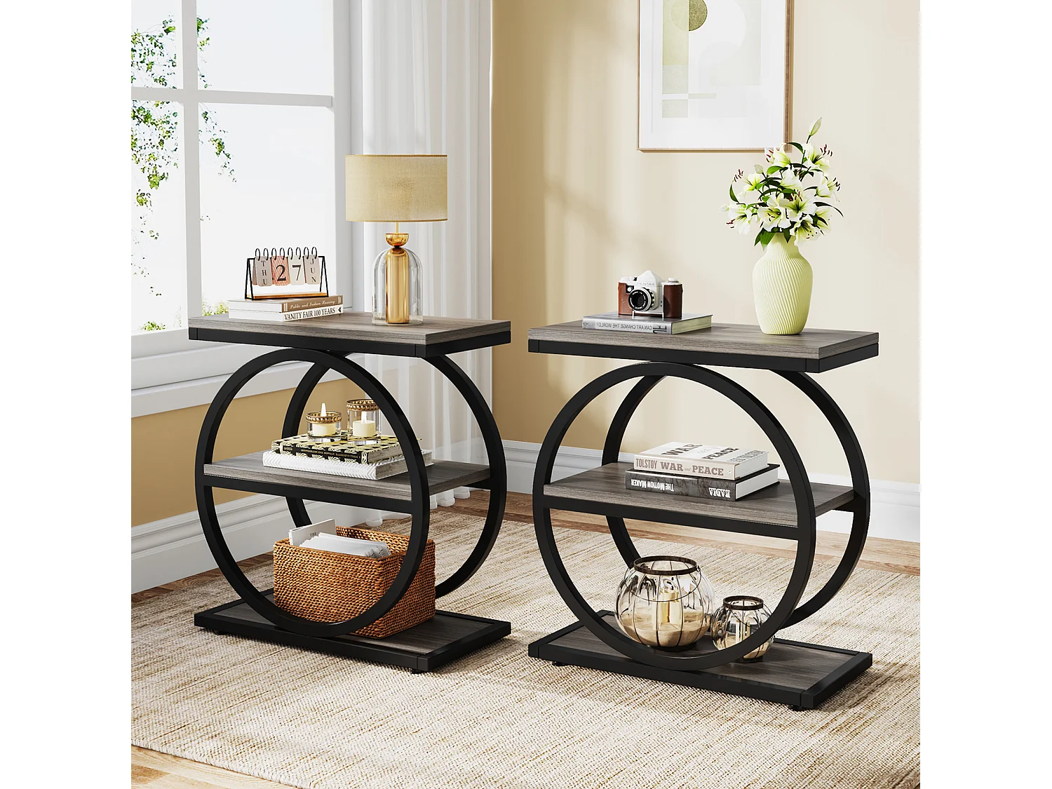 Bijzettafel, smalle bijzettafel met 3 opbergplanken, grijze bijzettafel met zwart metalen frame