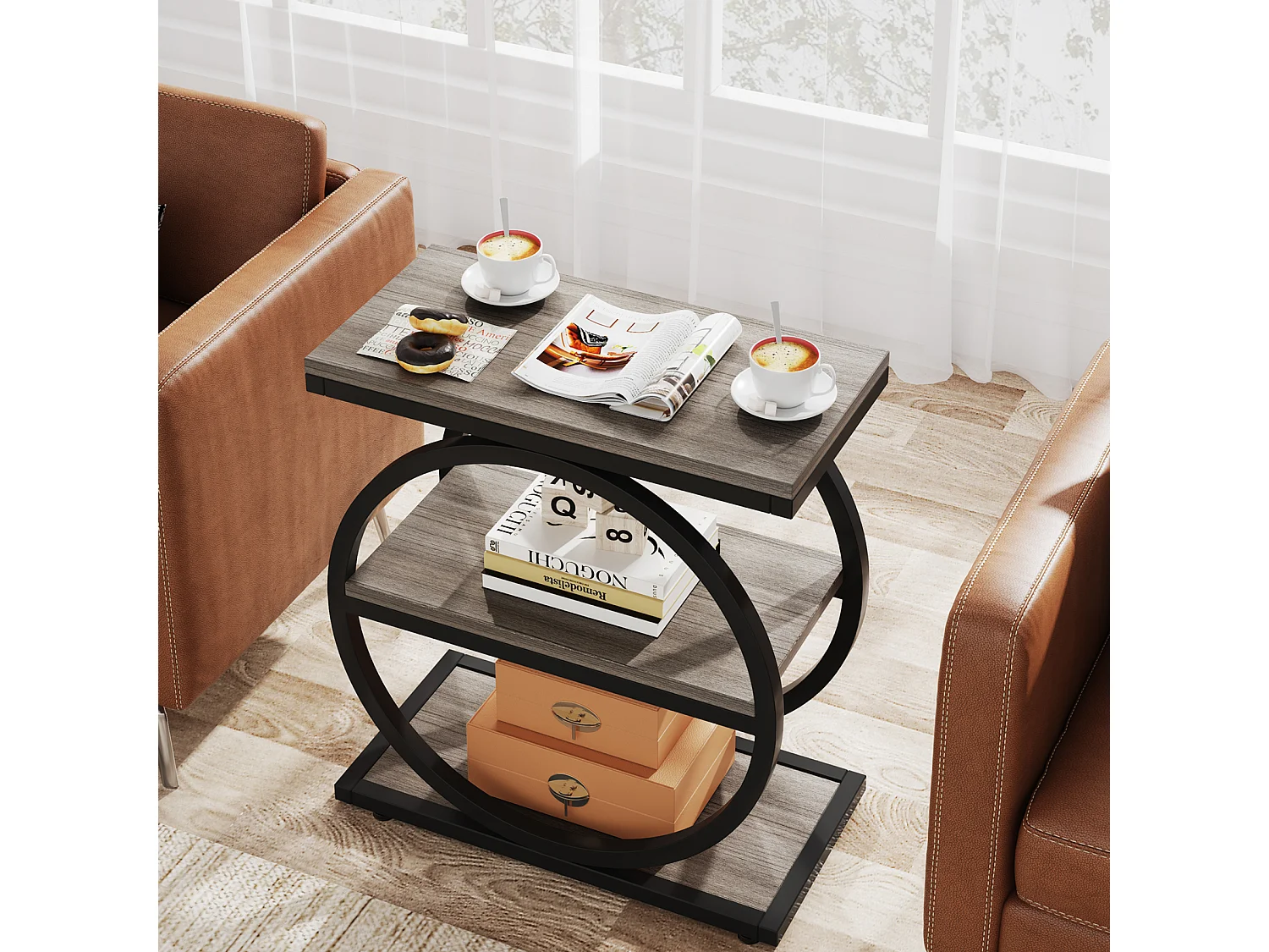 Bijzettafel, smalle bijzettafel met 3 opbergplanken, grijze bijzettafel met zwart metalen frame