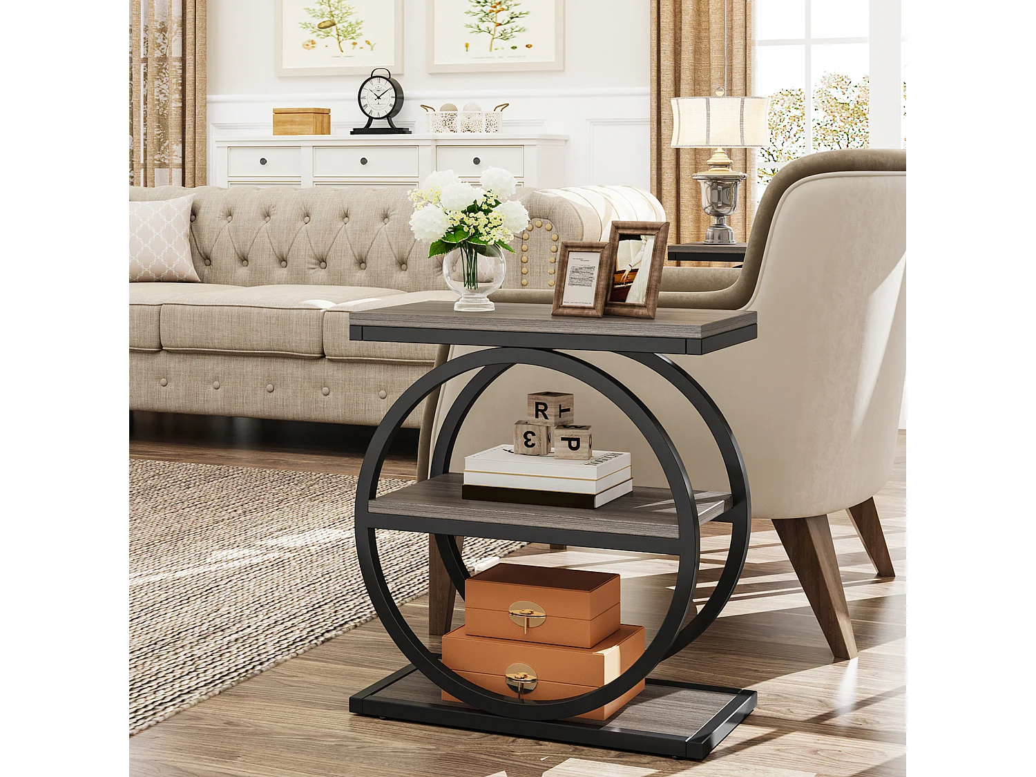 Bijzettafel, smalle bijzettafel met 3 opbergplanken, grijze bijzettafel met zwart metalen frame