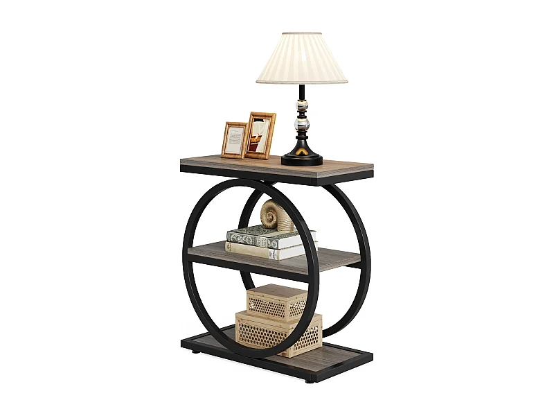 Bijzettafel, smalle bijzettafel met 3 opbergplanken, grijze bijzettafel met zwart metalen frame