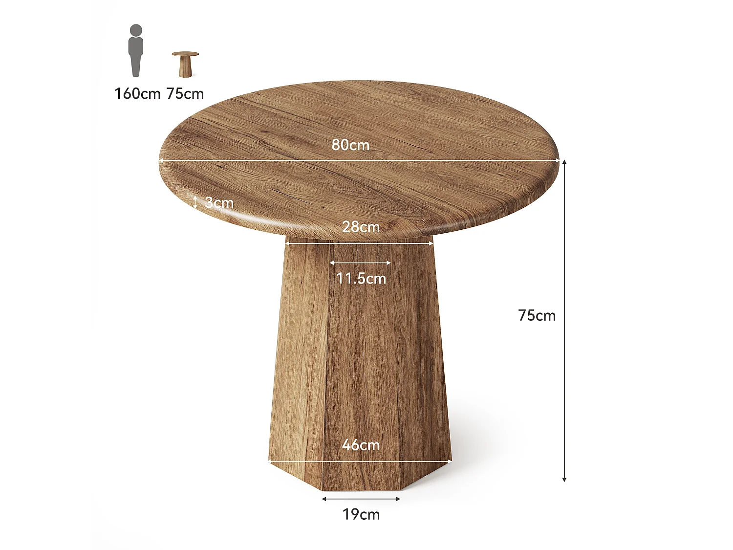 Petite table ronde pour 2 à 4 personnes, table de cuisine de 80 cm avec piètement octogonal pour salle à manger