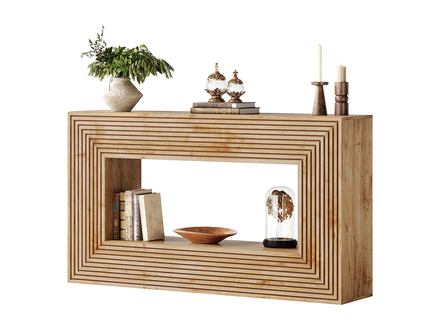 Tavolo consolle da 150 cm, tavolo da ingresso scanalato in stile rustico con spazio di archiviazione, tavolo lungo da divano dietro il divano