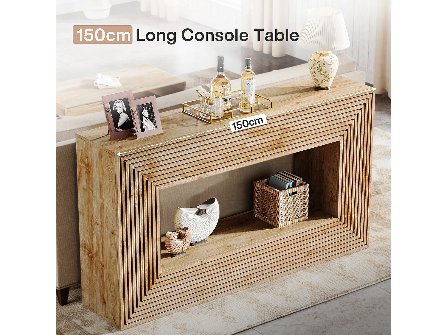 Tavolo consolle da 150 cm, tavolo da ingresso scanalato in stile rustico con spazio di archiviazione, tavolo lungo da divano dietro il divano