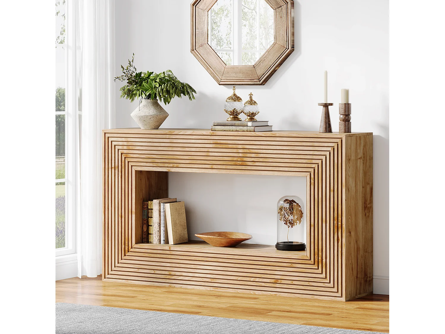 Mesa de Console de 150cm, Mesa de Entrada Rustica com Afloramentos e Armazenamento, Mesa Longa para Sofá Atrás do Canape