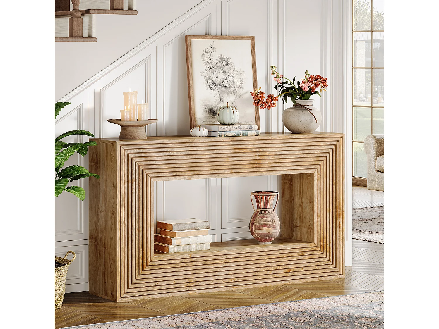 Mesa de Console de 150cm, Mesa de Entrada Rustica com Afloramentos e Armazenamento, Mesa Longa para Sofá Atrás do Canape