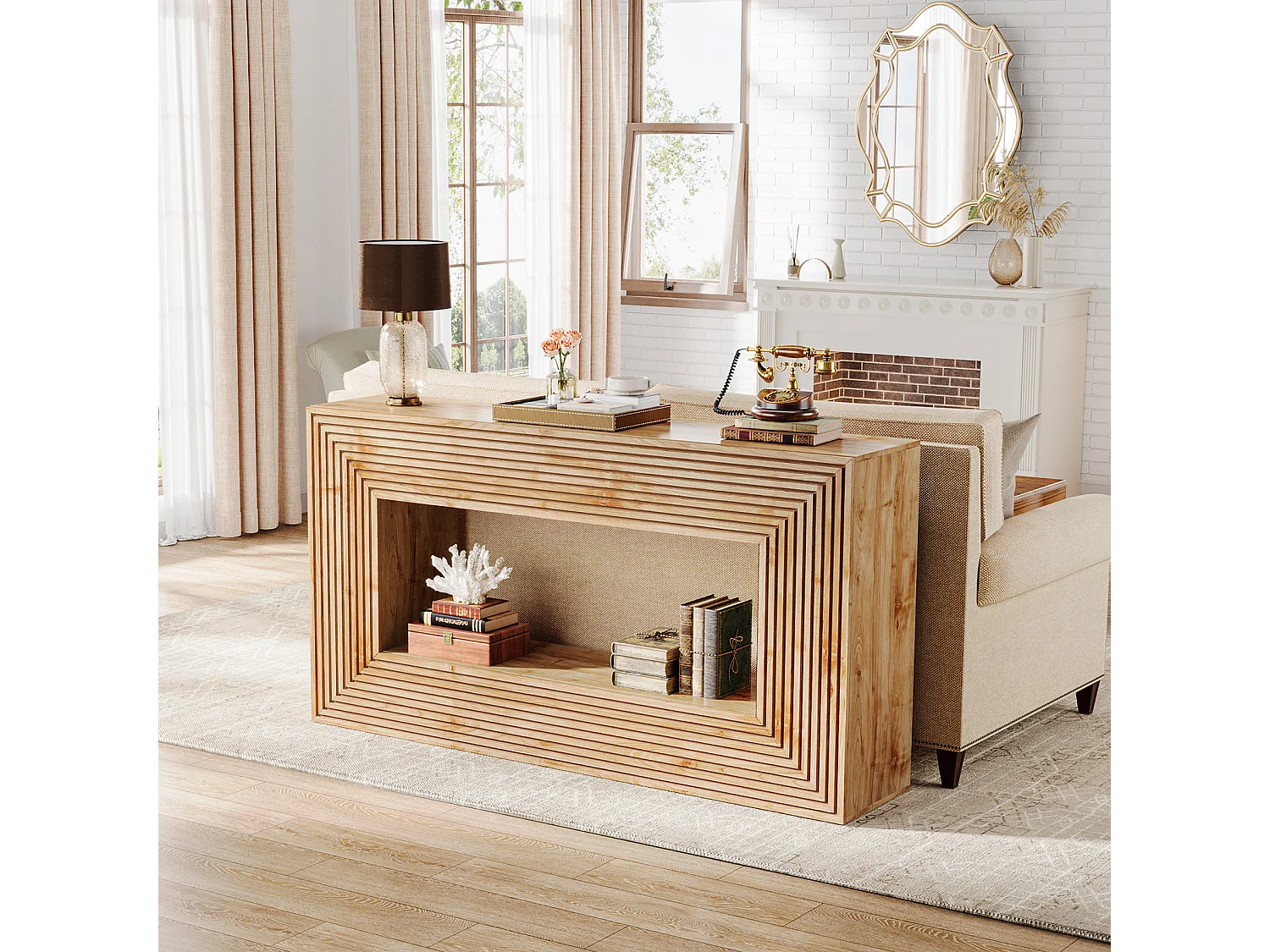 Mesa de Console de 150cm, Mesa de Entrada Rustica com Afloramentos e Armazenamento, Mesa Longa para Sofá Atrás do Canape