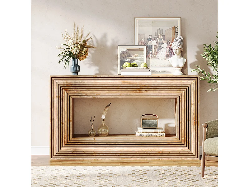 150 cm Konsole, Landhausstil-Fluted-Eingangstisch mit Ablage, langer Sofatisch hinter der Couch