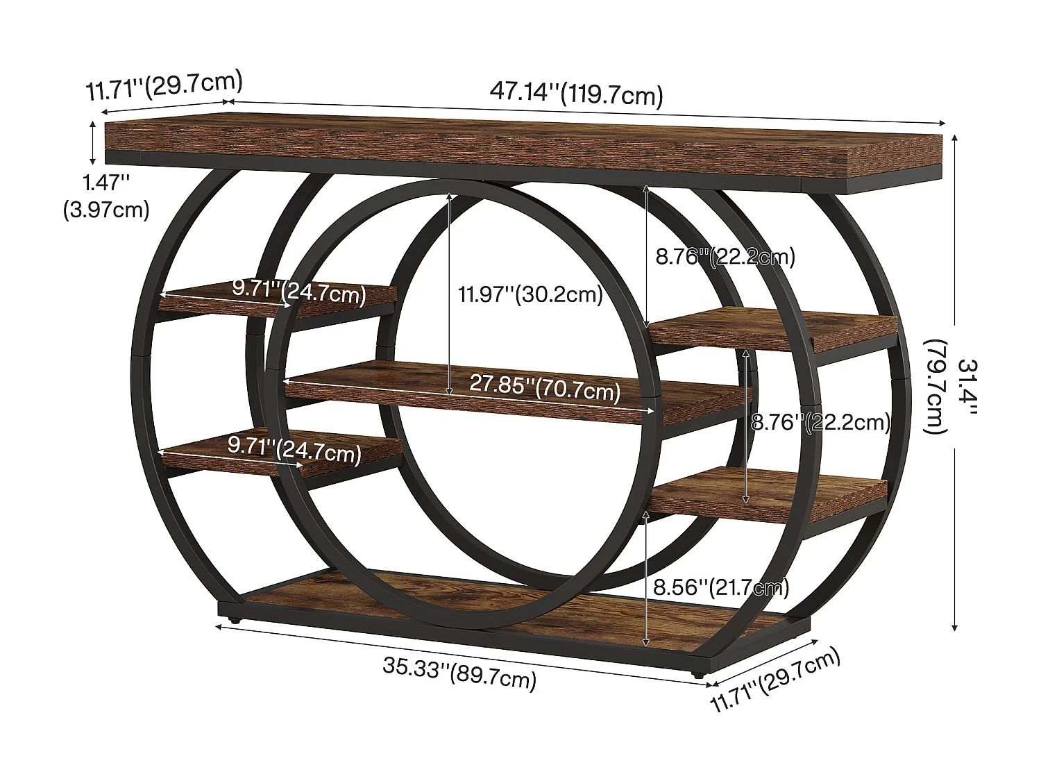 Console de 120 cm, table d'entrée industrielle à 5 niveaux avec structure en métal