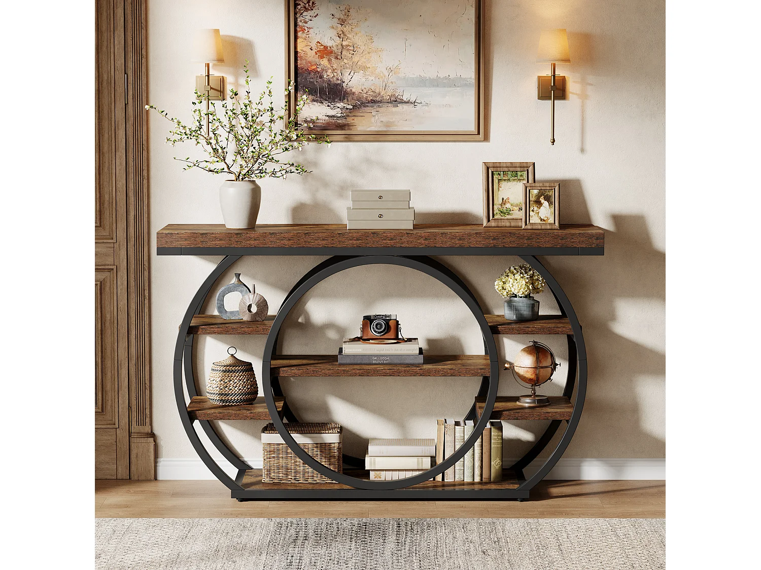 Console de 120 cm, table d'entrée industrielle à 5 niveaux avec structure en métal