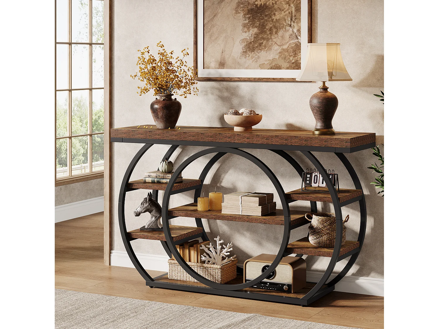 Console de 120 cm, table d'entrée industrielle à 5 niveaux avec structure en métal