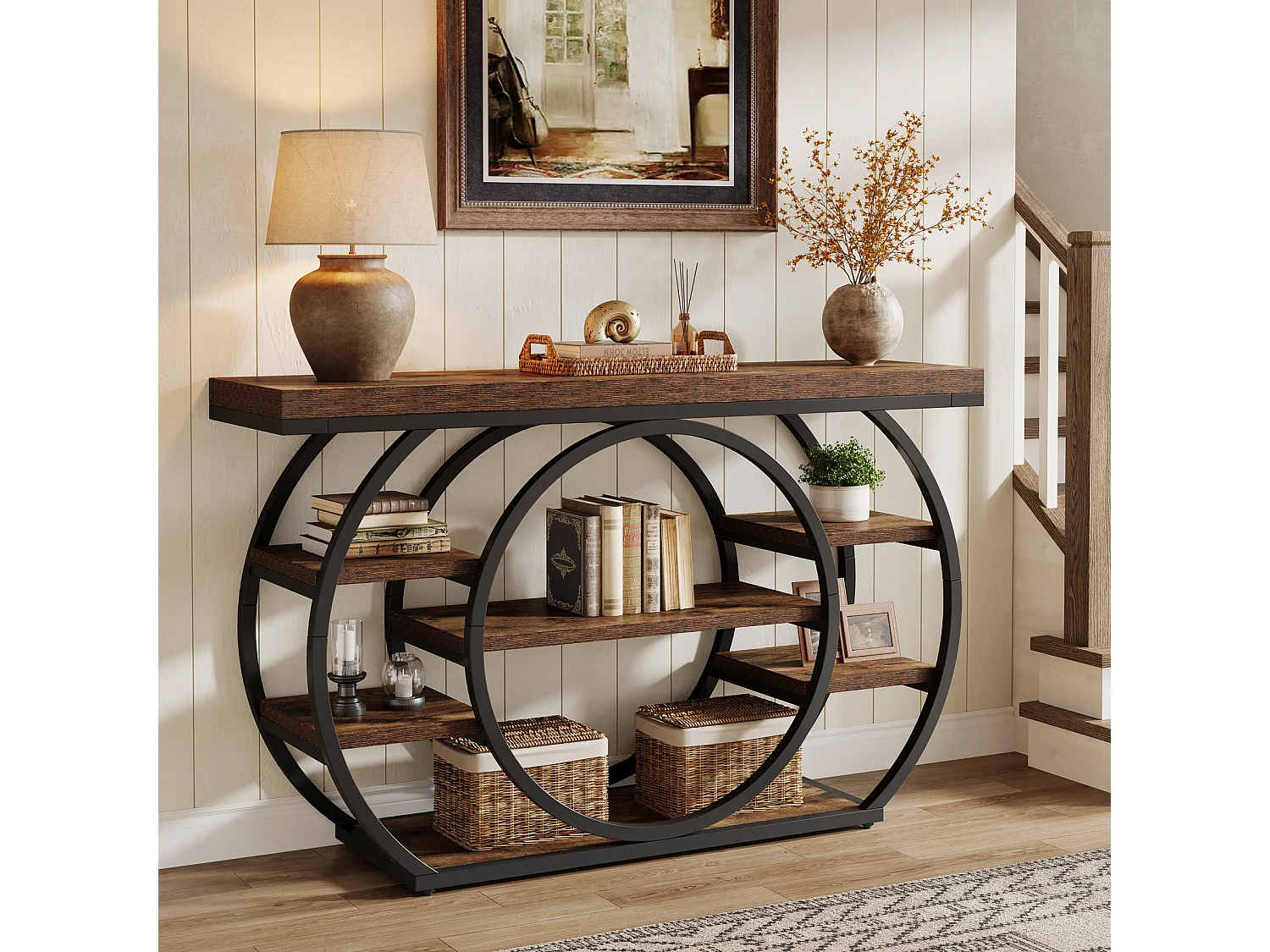 Console de 120 cm, table d'entrée industrielle à 5 niveaux avec structure en métal