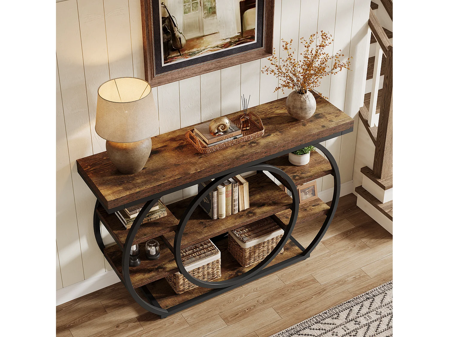 Console de 120 cm, table d'entrée industrielle à 5 niveaux avec structure en métal