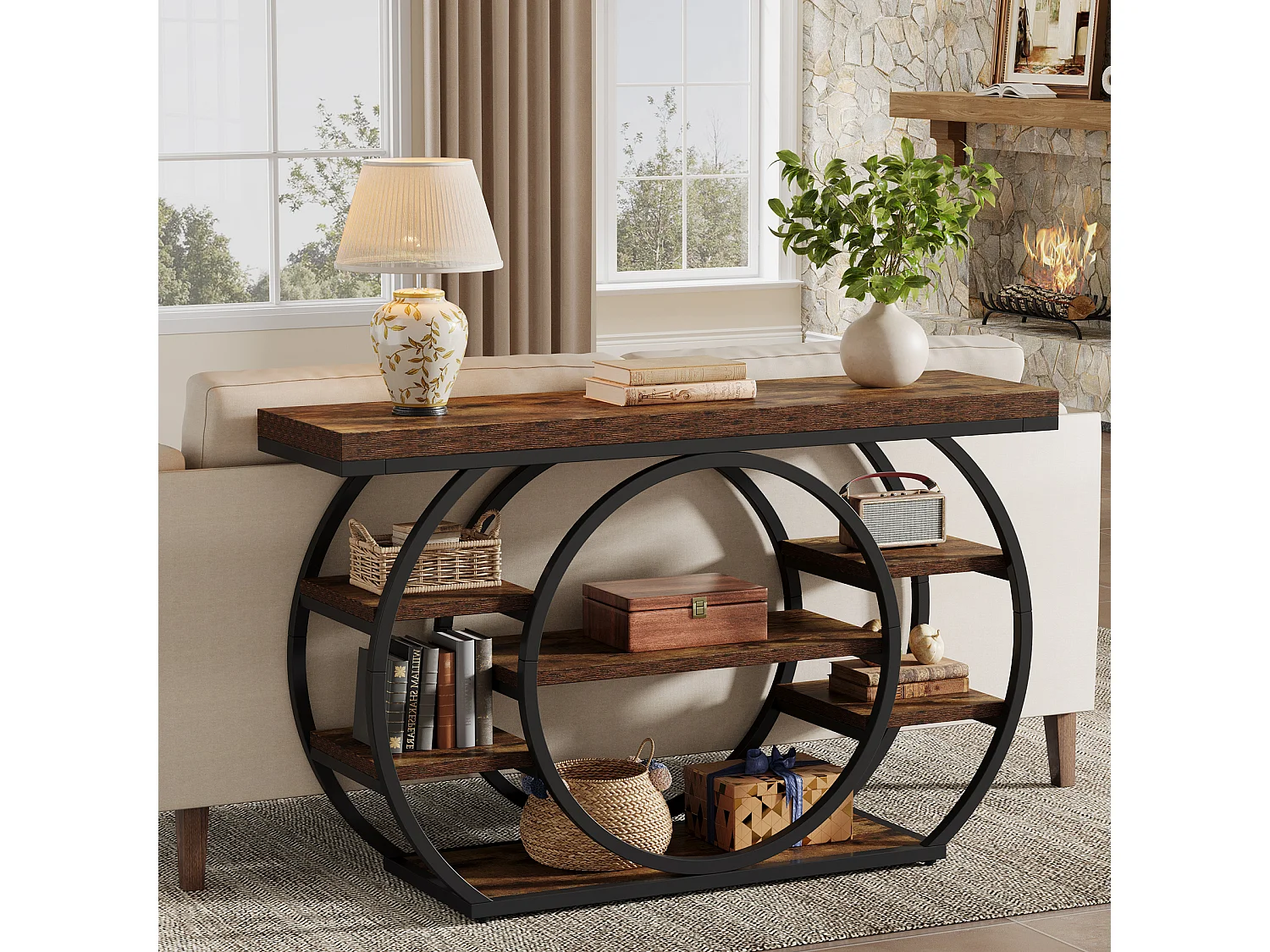 Console de 120 cm, table d'entrée industrielle à 5 niveaux avec structure en métal