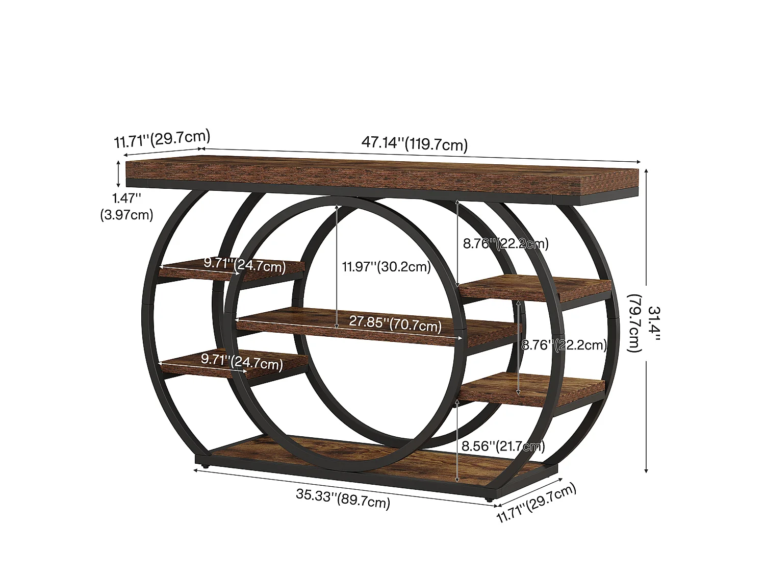 Console de 120 cm, table d'entrée industrielle à 5 niveaux avec structure en métal