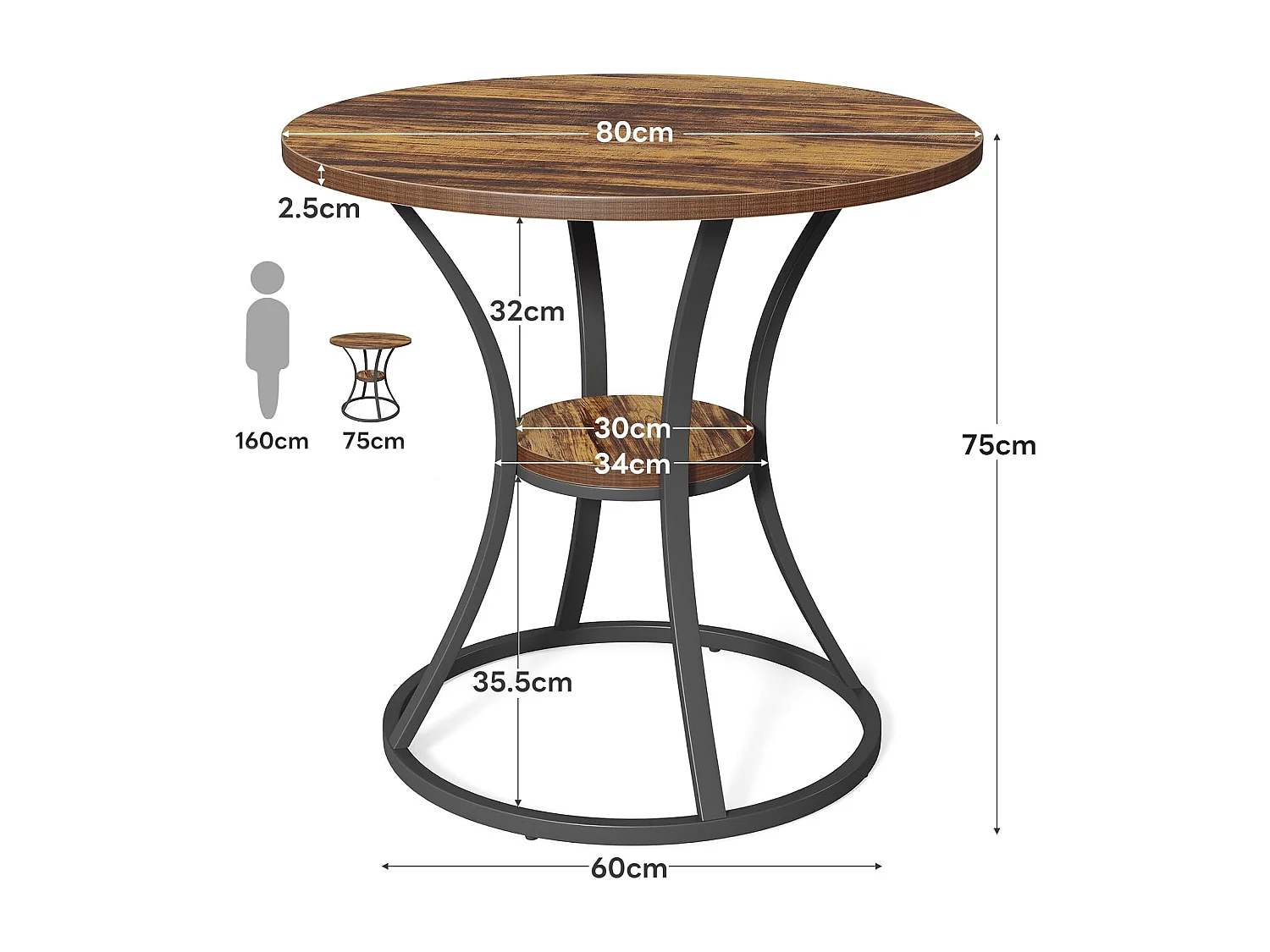 Table de salle à manger ronde pour 4 personnes, table ronde en bois avec étagère de rangement, 2 niveaux