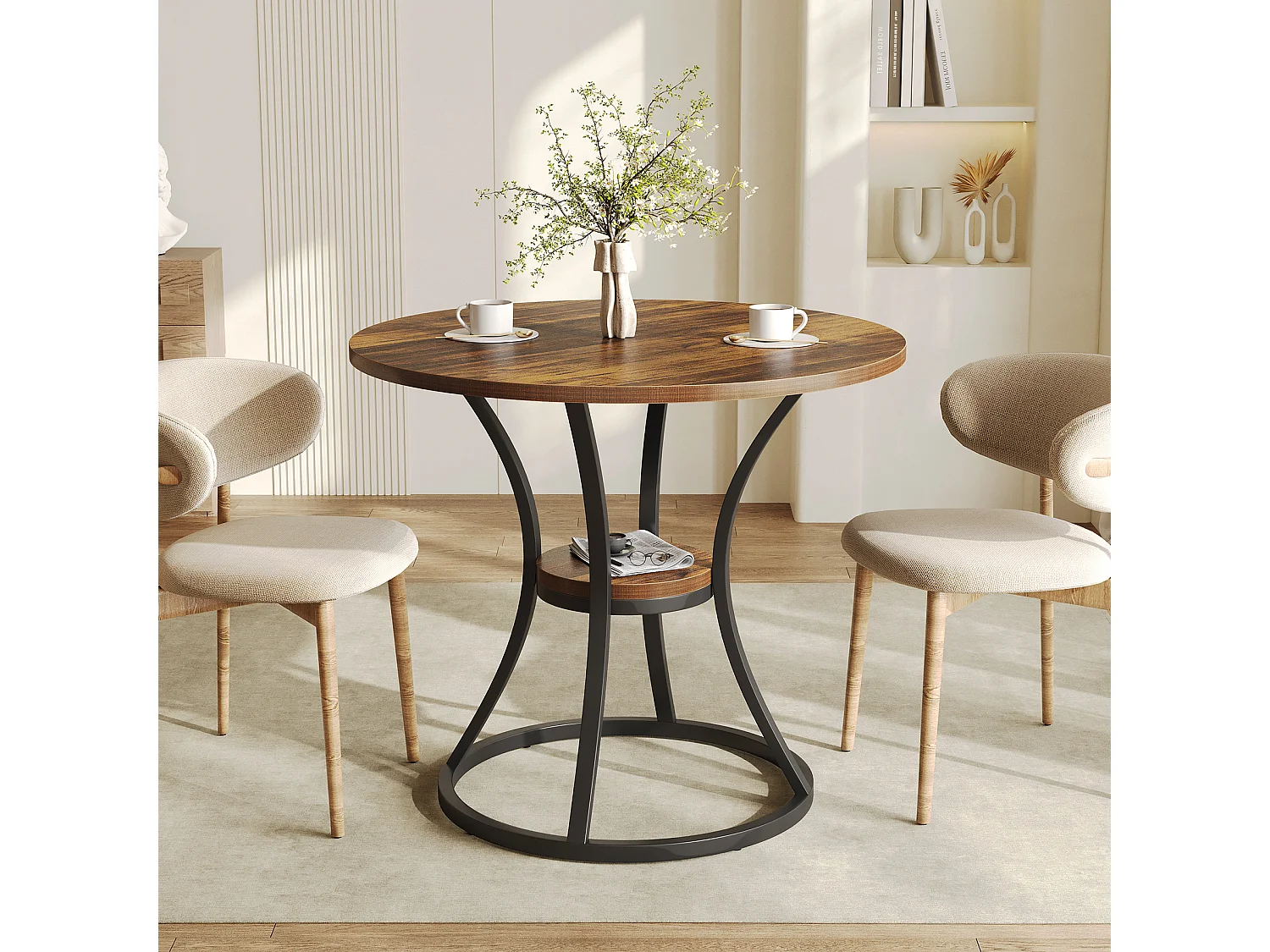 Table de salle à manger ronde pour 4 personnes, table ronde en bois avec étagère de rangement, 2 niveaux