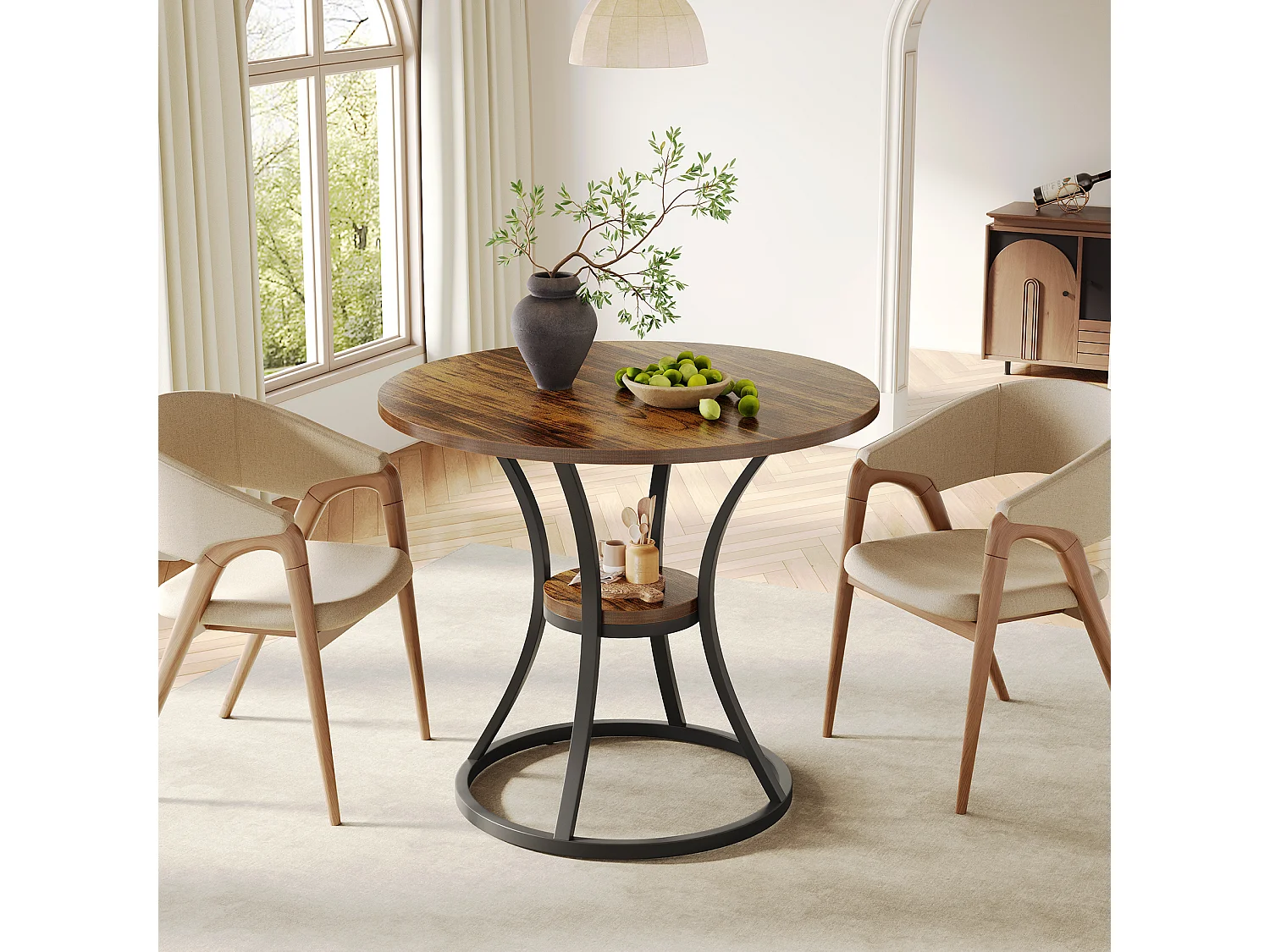 Table de salle à manger ronde pour 4 personnes, table ronde en bois avec étagère de rangement, 2 niveaux
