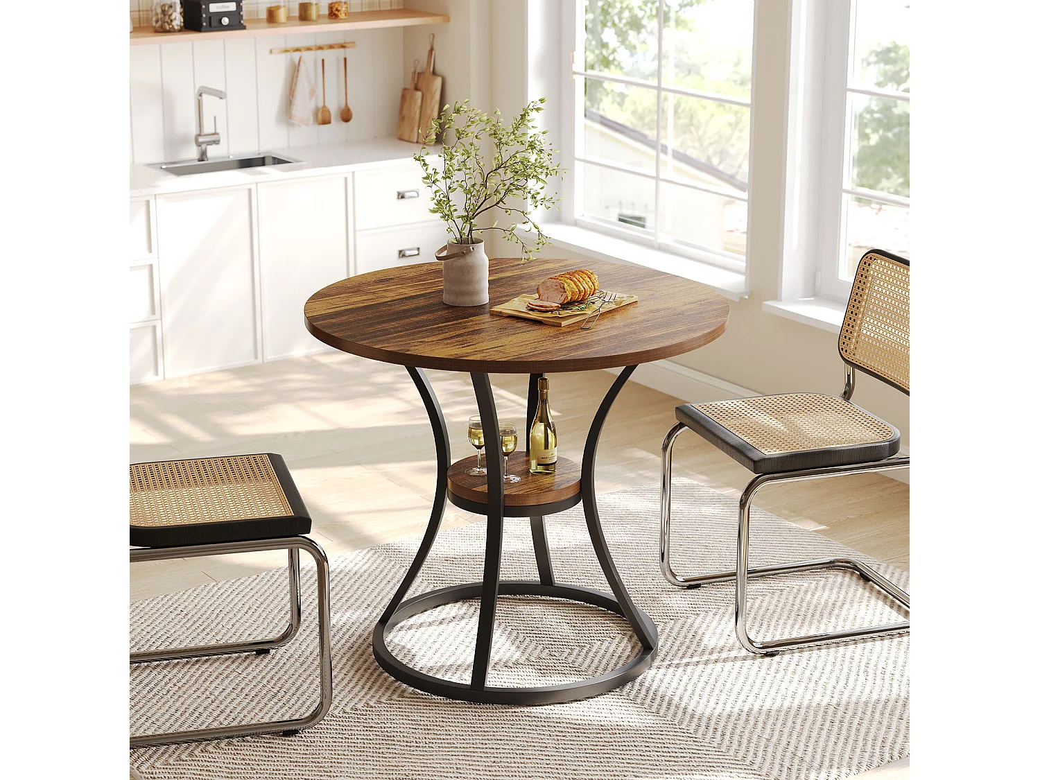Table de salle à manger ronde pour 4 personnes, table ronde en bois avec étagère de rangement, 2 niveaux