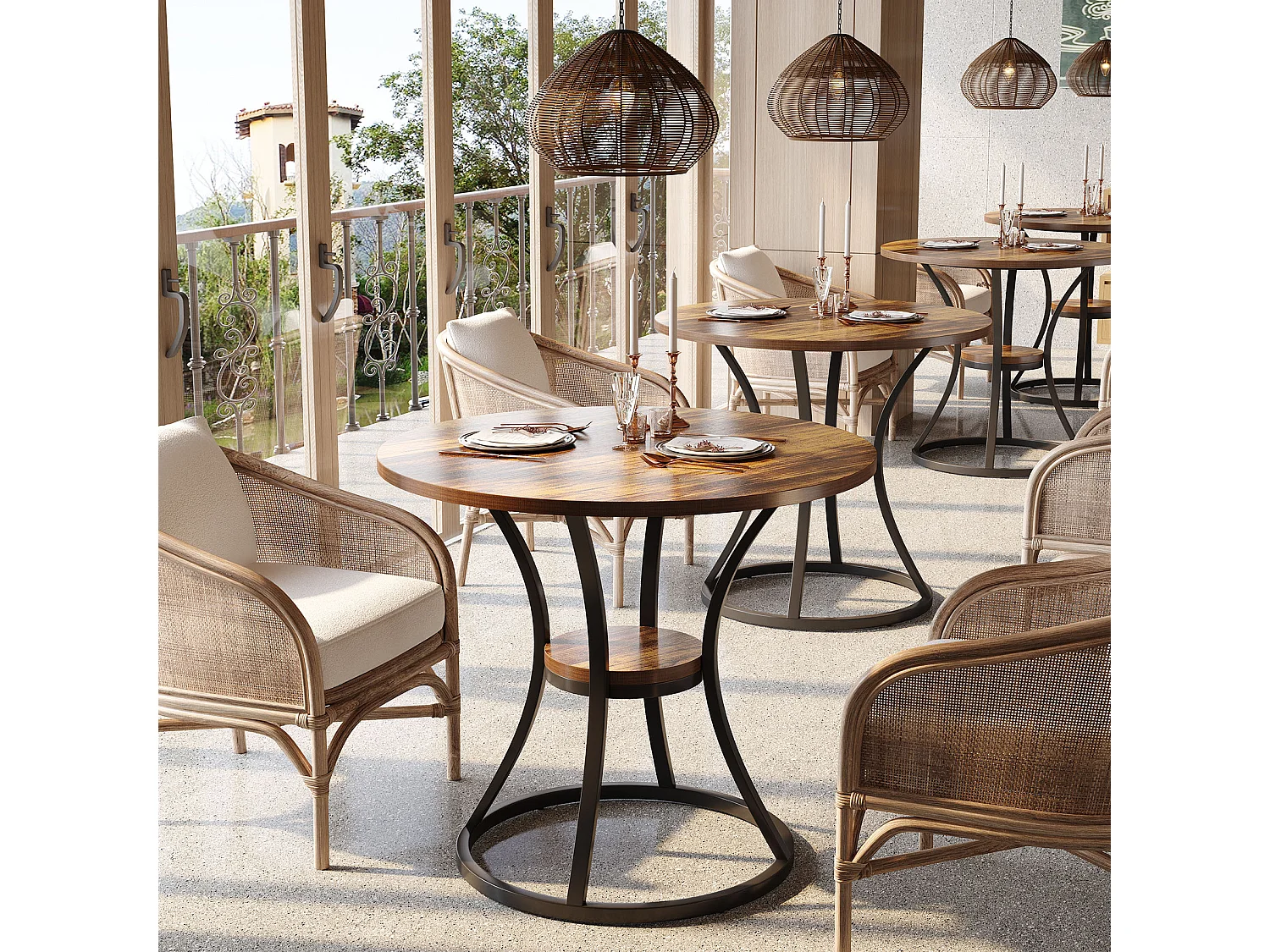 Table de salle à manger ronde pour 4 personnes, table ronde en bois avec étagère de rangement, 2 niveaux