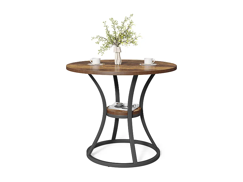 Table de salle à manger ronde pour 4 personnes, table ronde en bois avec étagère de rangement, 2 niveaux